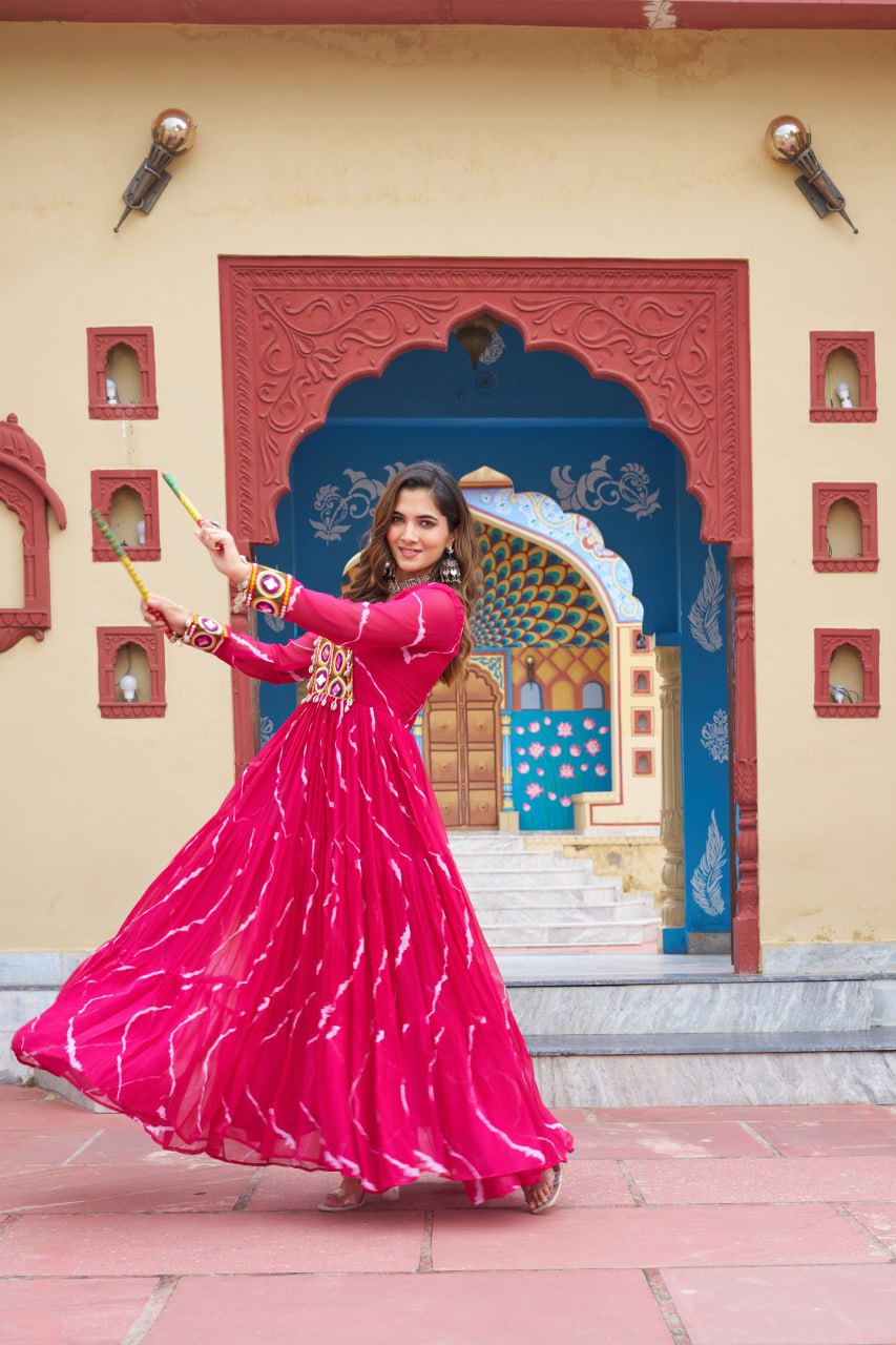 Pink Laheriya Print With Kutchi Patchework Navratri Special Gown