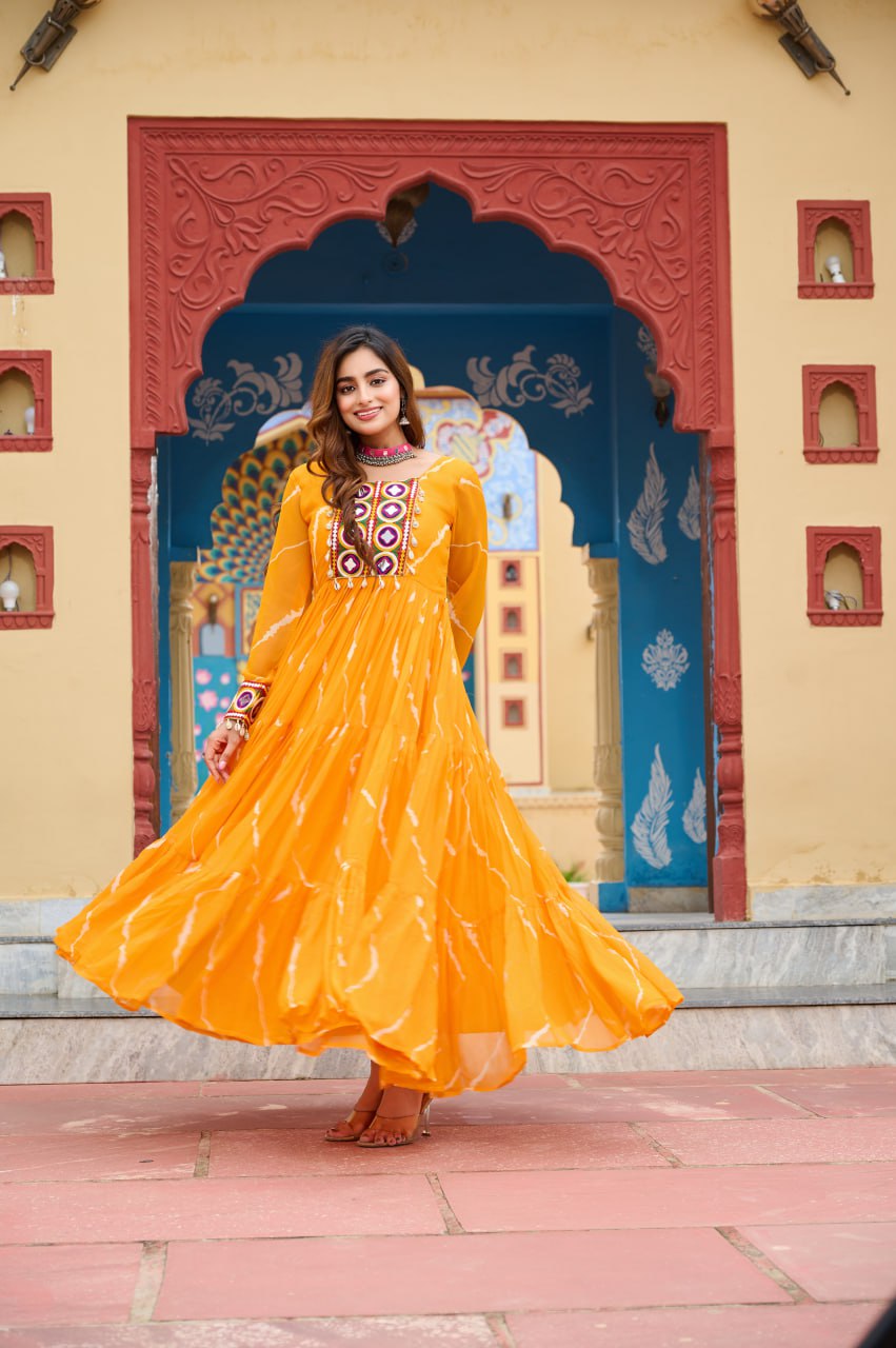 Musterd Laheriya Print With Kutchi Patchework Navratri Special Gown