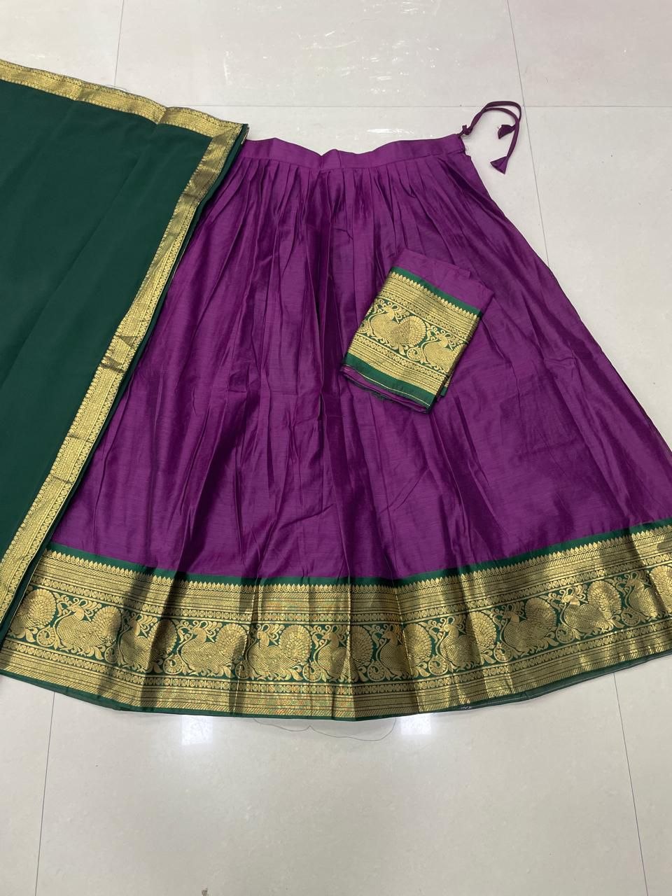 Purple & Bottle Green Kanjivaram Silk Zari Weaving Work Half Saree Langa Voni Set