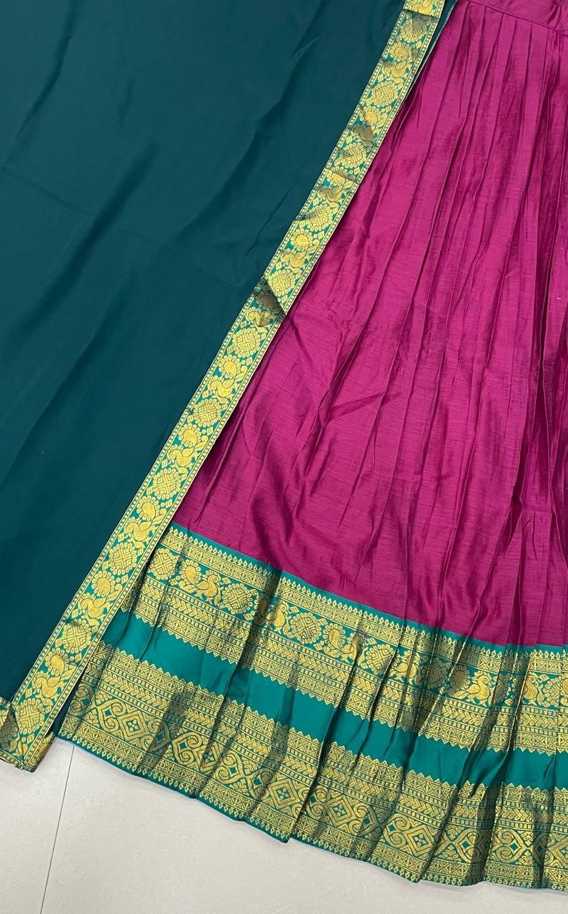 Magenta Pink & Teal Green Kanjivaram Silk Zari Weaving Work Half Saree Langa Voni Set
