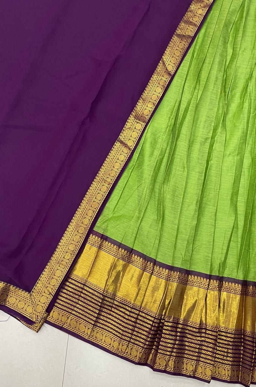 Purple & Parrot Green Kanjivaram Silk Zari Weaving Work Half Saree Set