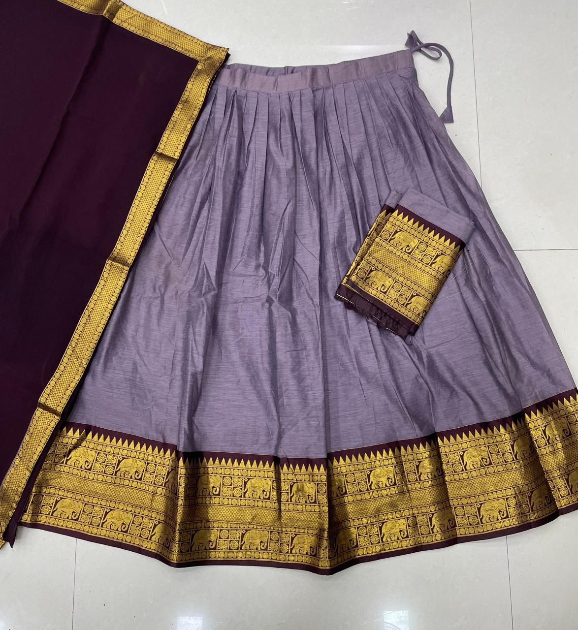 Lavender & Wine Kanjivaram Silk Zari Weaving Work Half Saree Langa Voni Set