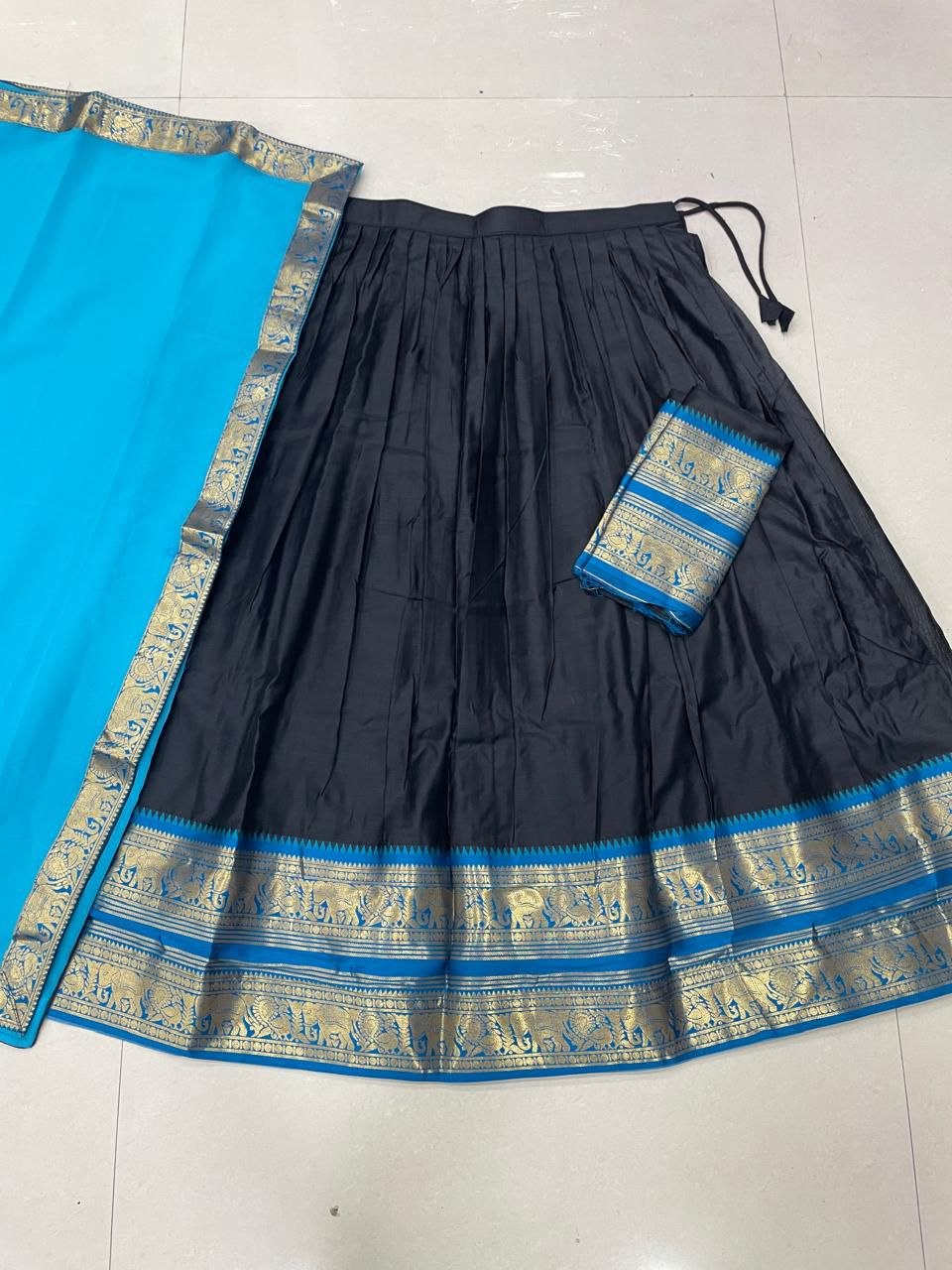 Black & Cyan Blue Kanjivaram Silk Zari Weaving Work Half Saree Langa Voni Set