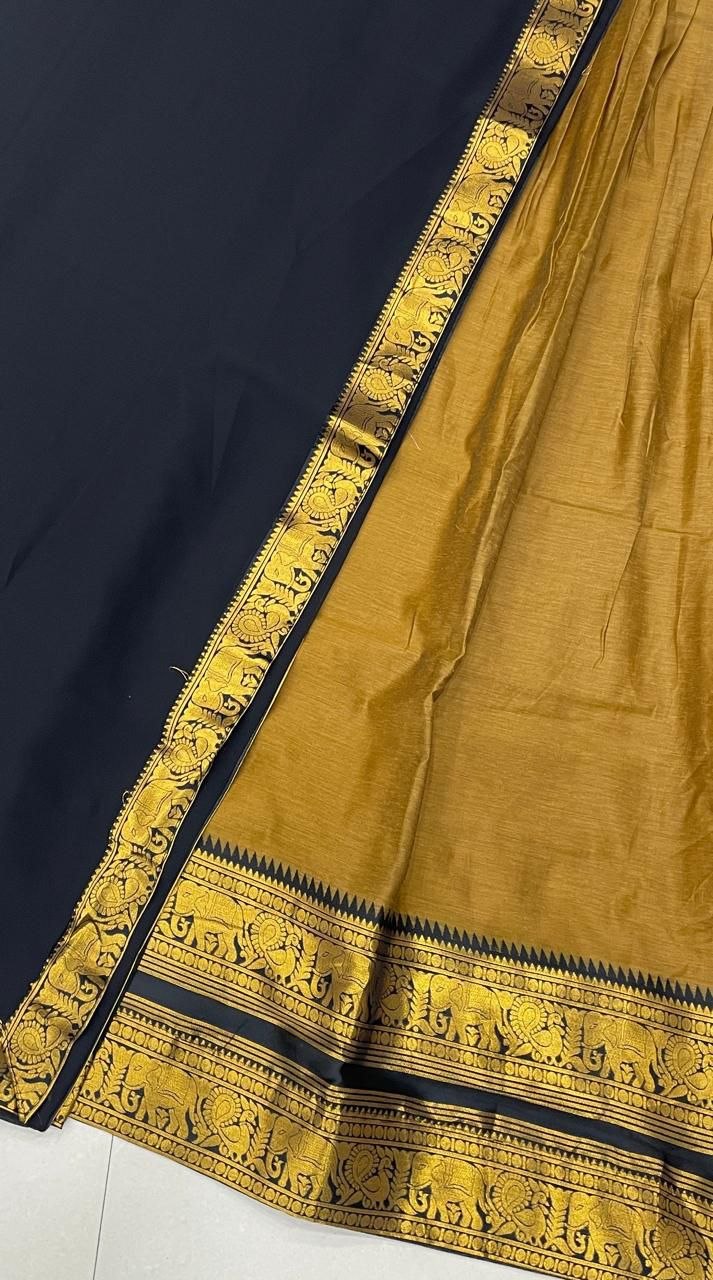 Beige Gold & Black Kanjivaram Silk Zari Weaving Work Half Saree Langa Voni Set
