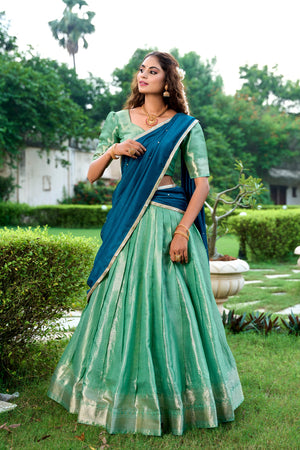 Pista Green Kanchipuram Silk Lehenga with Gold Zari Weaving and 3.8m Flair by The Beauty Queen Surat