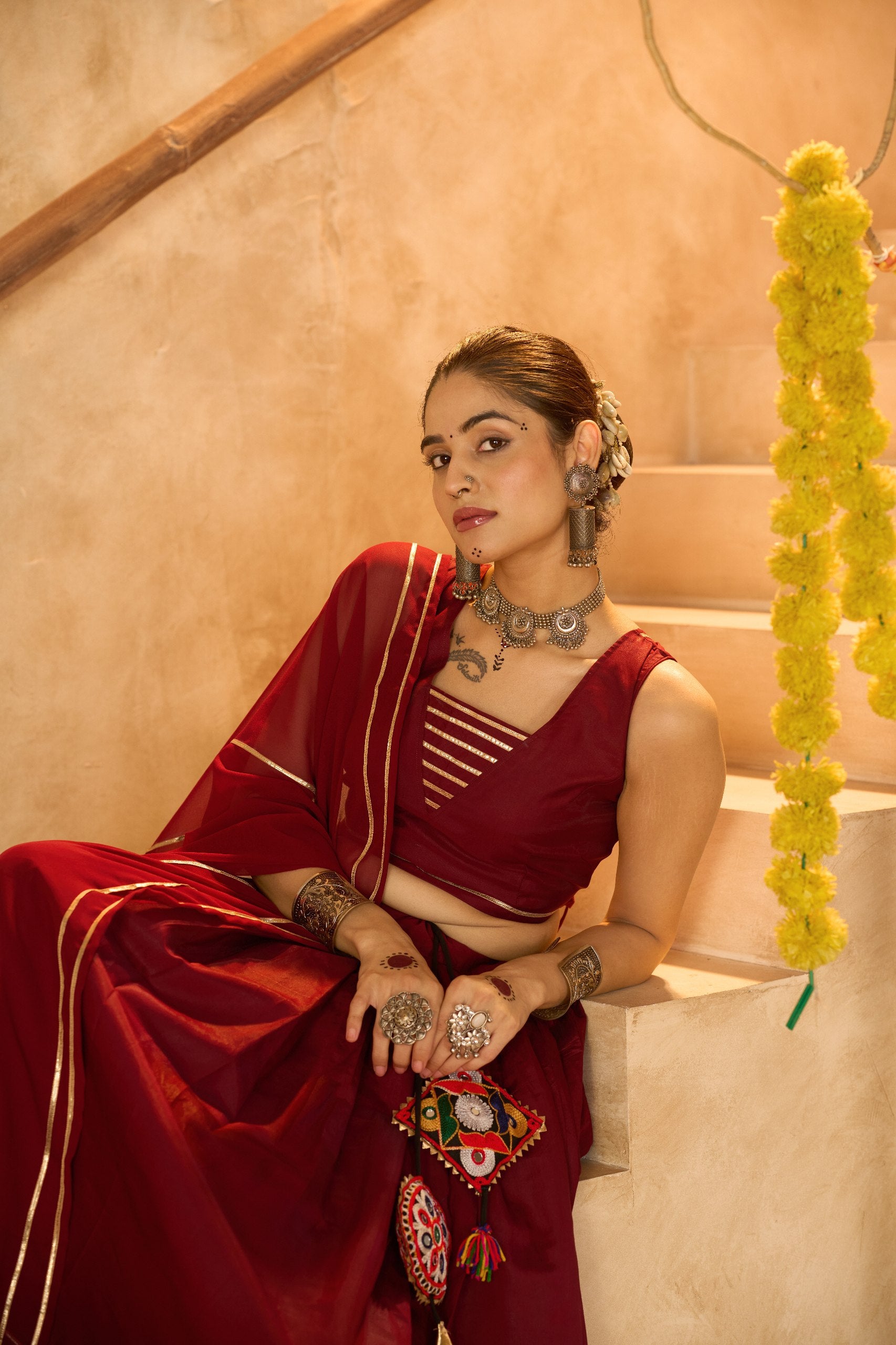 Maroon Cotton Silk Navratri Lehenga Choli with Elegant Gota Patti Lace Work