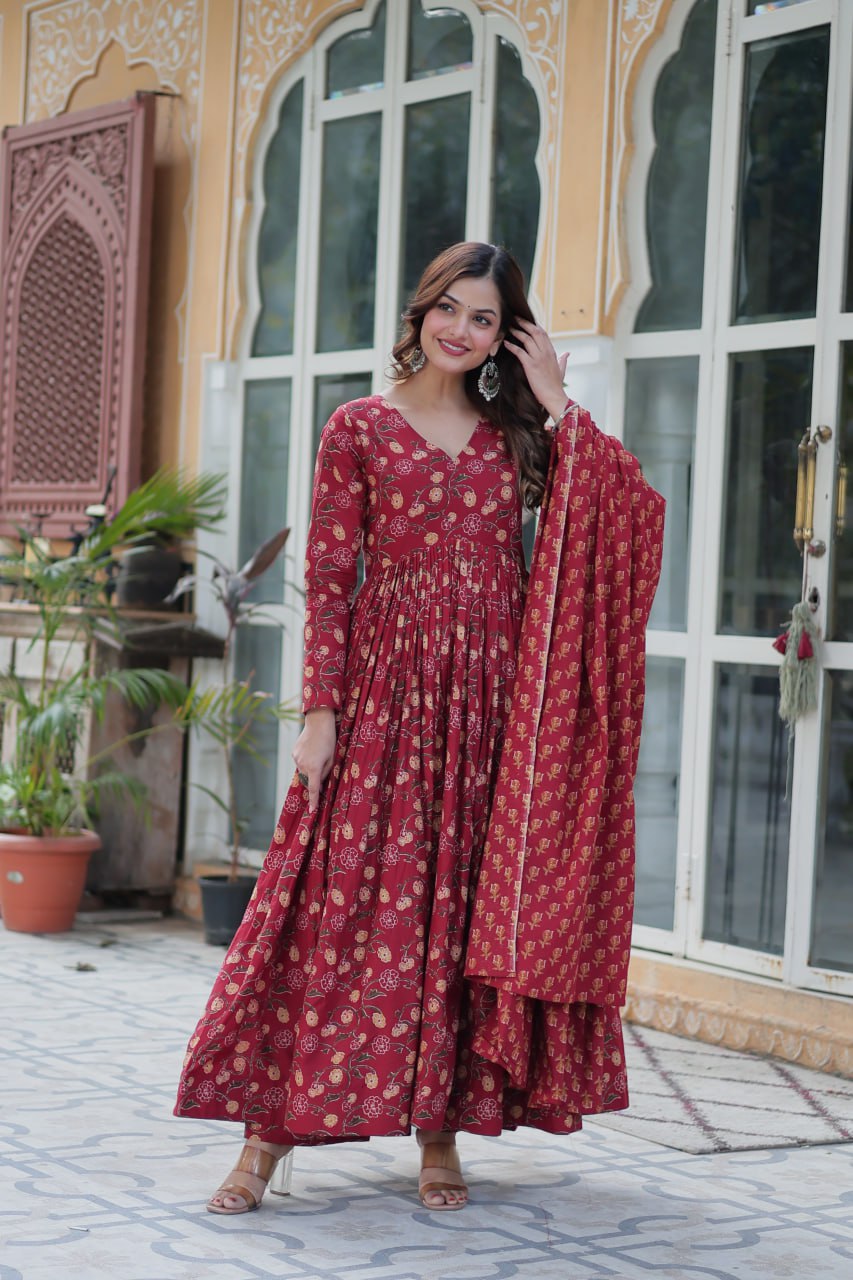Maroon Pure Cotton Readymade Kurti With Pant Dupatta Set