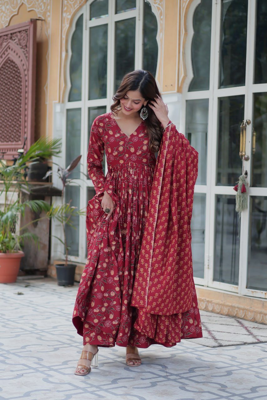 Maroon Pure Cotton Readymade Kurti With Pant Dupatta Set