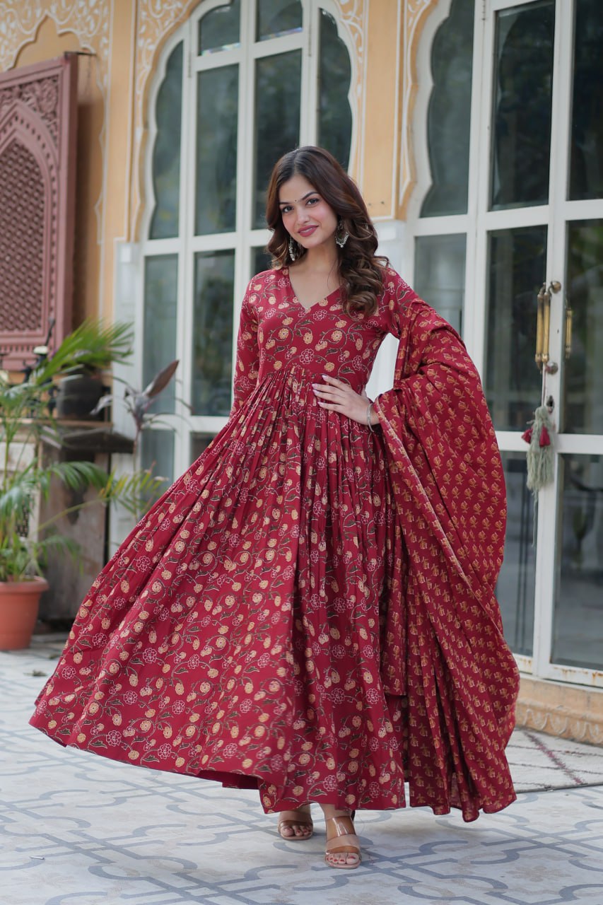 Maroon Pure Cotton Readymade Kurti With Pant Dupatta Set