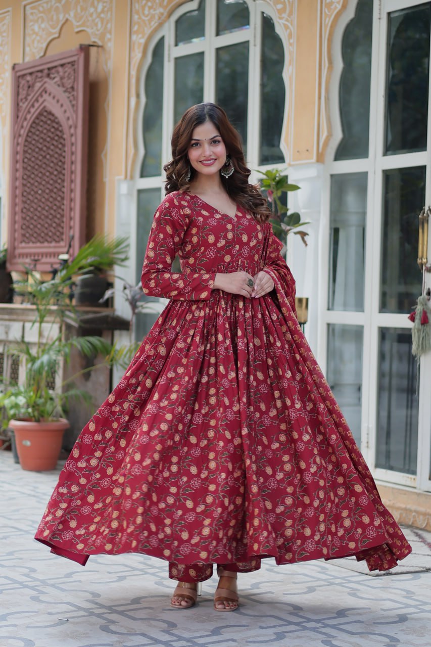 Maroon Pure Cotton Readymade Kurti With Pant Dupatta Set