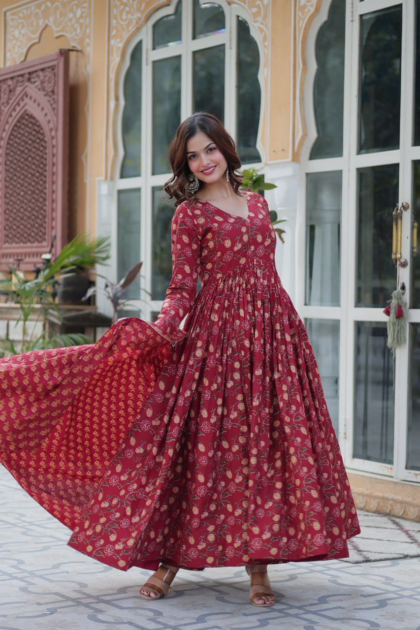 Maroon Pure Cotton Readymade Kurti With Pant Dupatta Set