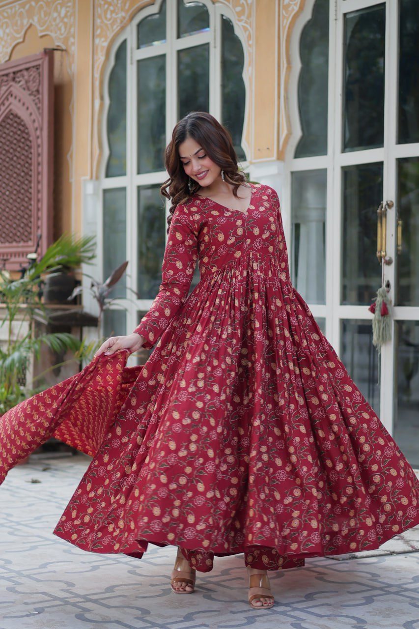 Maroon Pure Cotton Readymade Kurti With Pant Dupatta Set