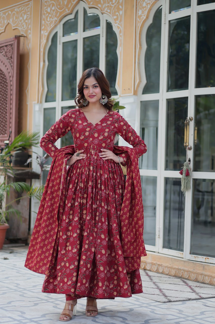 Maroon Pure Cotton Readymade Kurti With Pant Dupatta Set