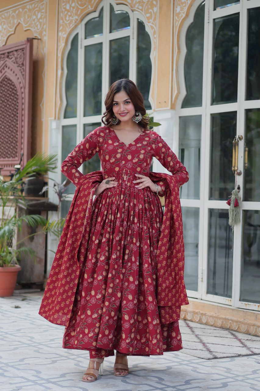 Maroon Pure Cotton Readymade Kurti With Pant Dupatta Set