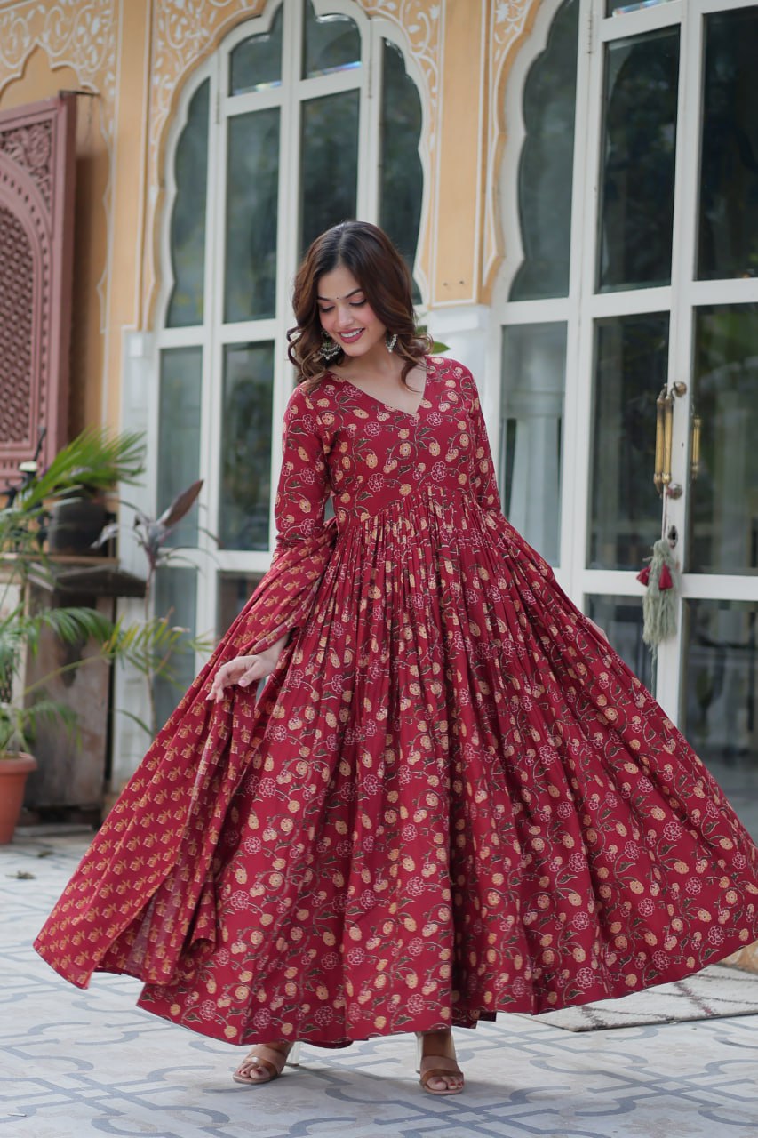 Maroon Pure Cotton Readymade Kurti With Pant Dupatta Set