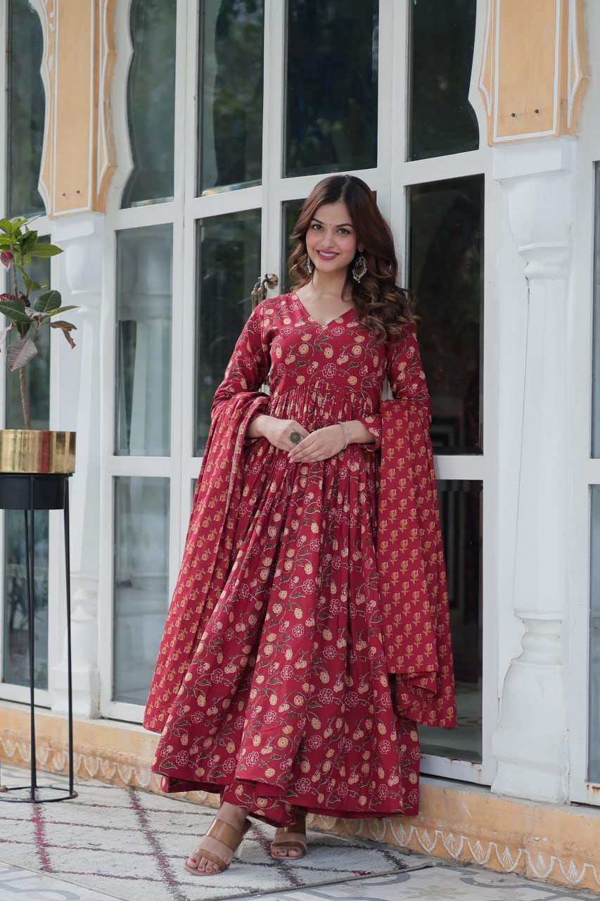 Maroon Pure Cotton Readymade Kurti With Pant Dupatta Set