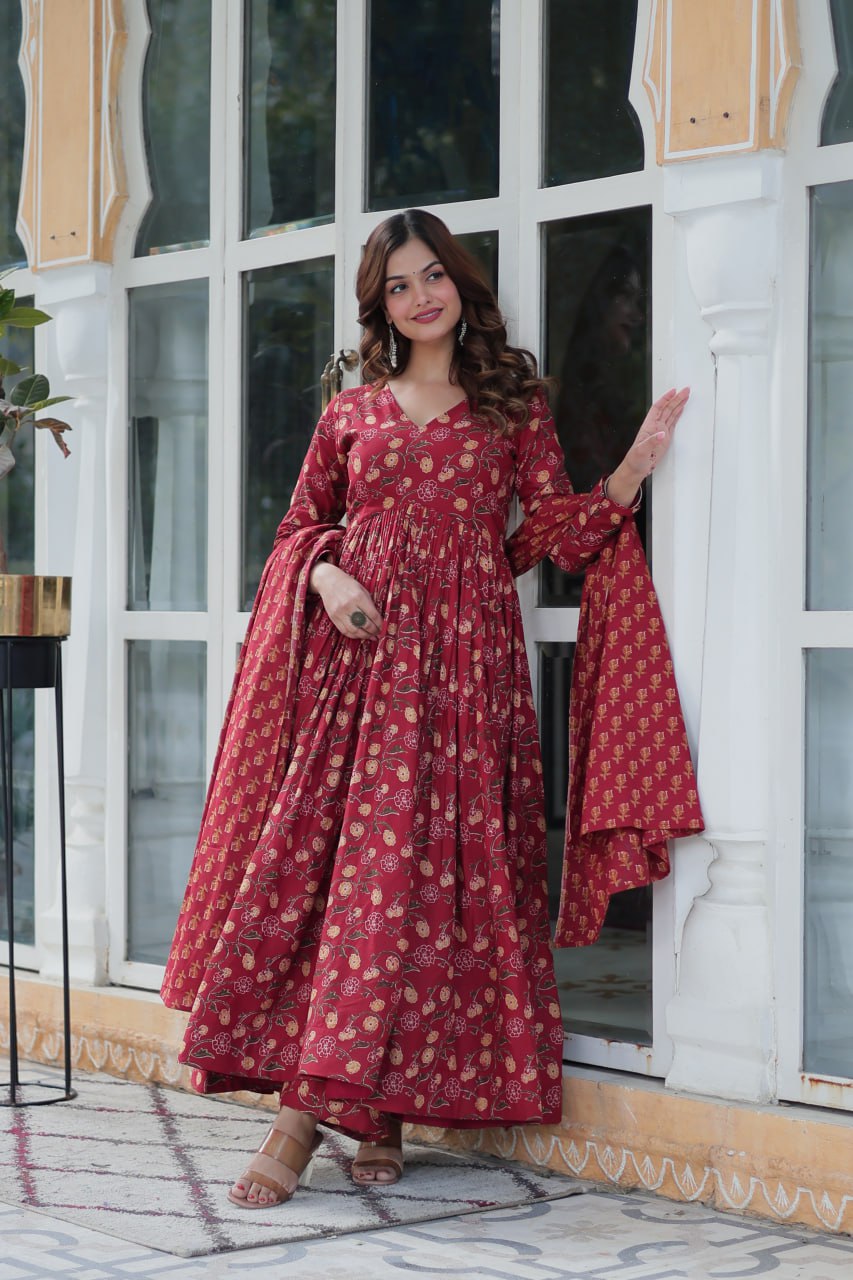 Maroon Pure Cotton Readymade Kurti With Pant Dupatta Set