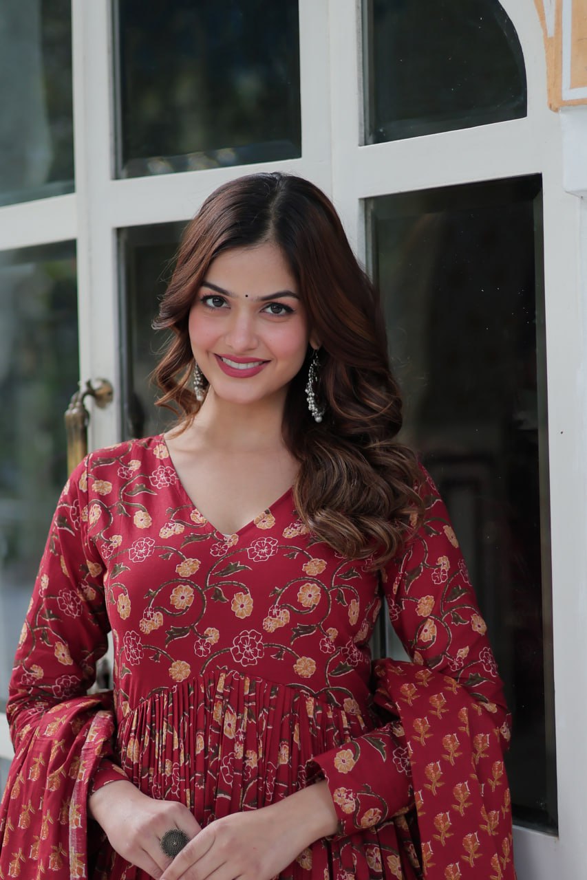 Maroon Pure Cotton Readymade Kurti With Pant Dupatta Set