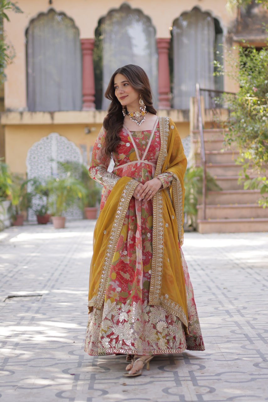 Pink Multicolor Digital Printed Russian Silk With Foil Embroidery Zari Sequins Work Gown