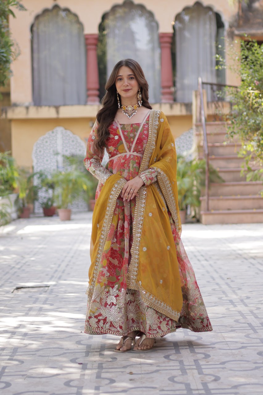 Pink Multicolor Digital Printed Russian Silk With Foil Embroidery Zari Sequins Work Gown