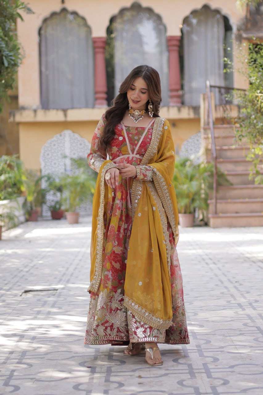 Pink Multicolor Digital Printed Russian Silk With Foil Embroidery Zari Sequins Work Gown
