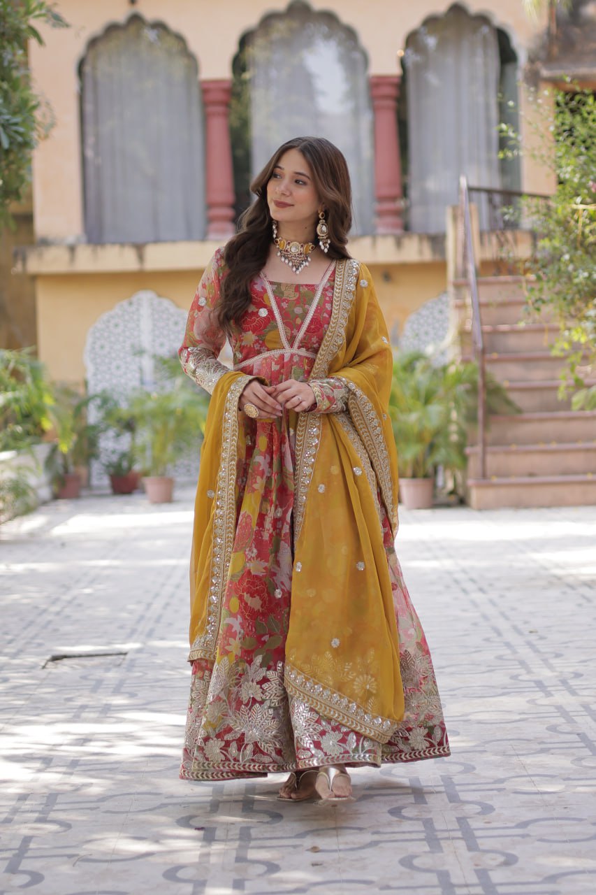 Pink Multicolor Digital Printed Russian Silk With Foil Embroidery Zari Sequins Work Gown