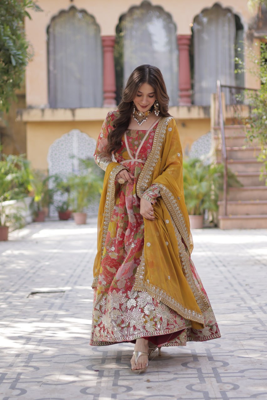 Pink Multicolor Digital Printed Russian Silk With Foil Embroidery Zari Sequins Work Gown