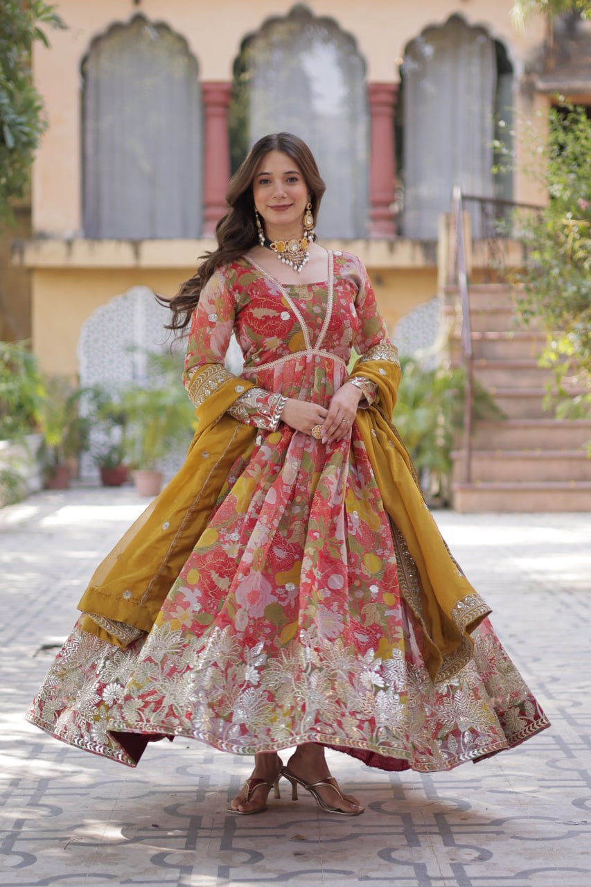 Pink Multicolor Digital Printed Russian Silk With Foil Embroidery Zari Sequins Work Gown