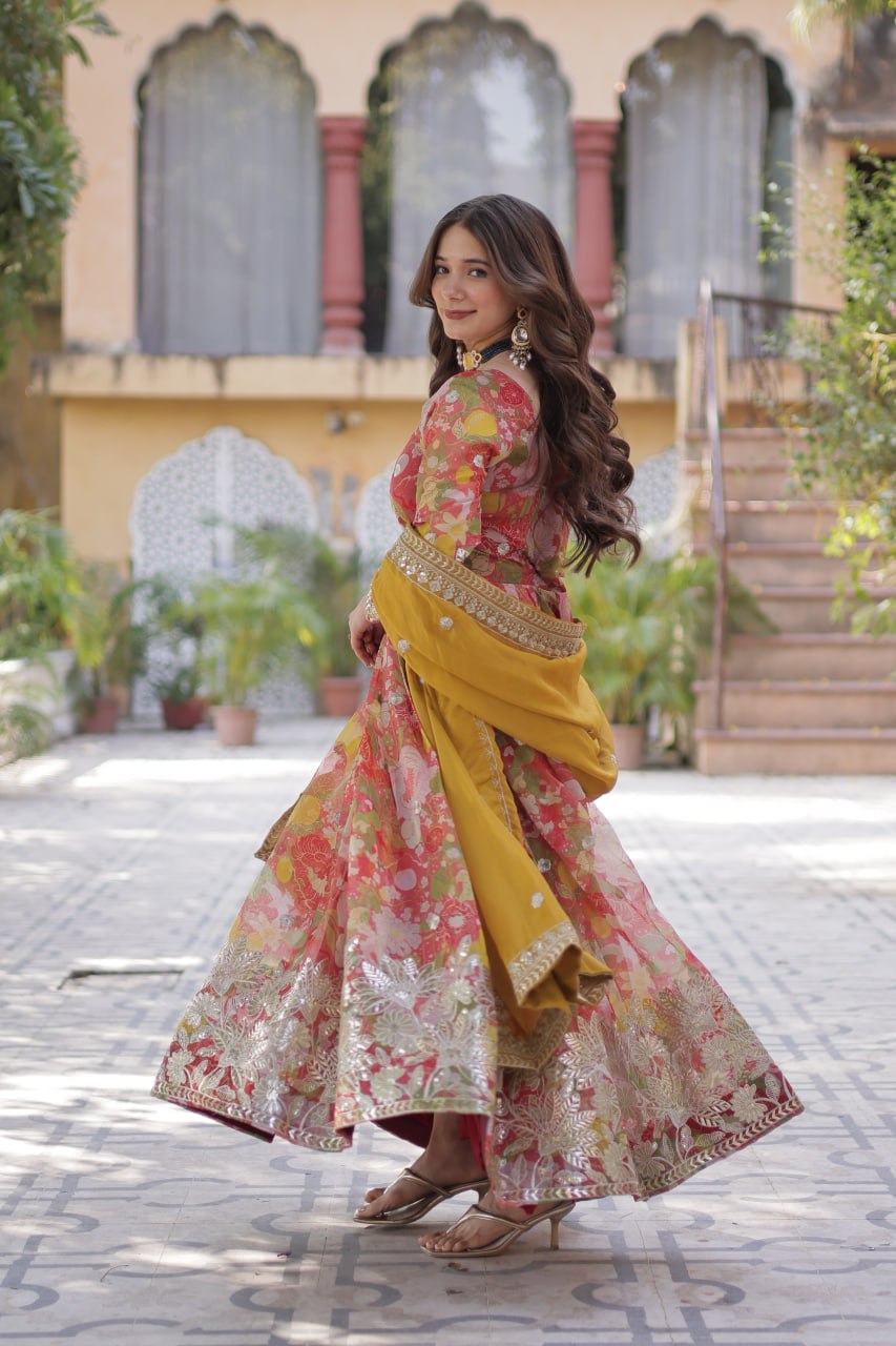 Pink Multicolor Digital Printed Russian Silk With Foil Embroidery Zari Sequins Work Gown