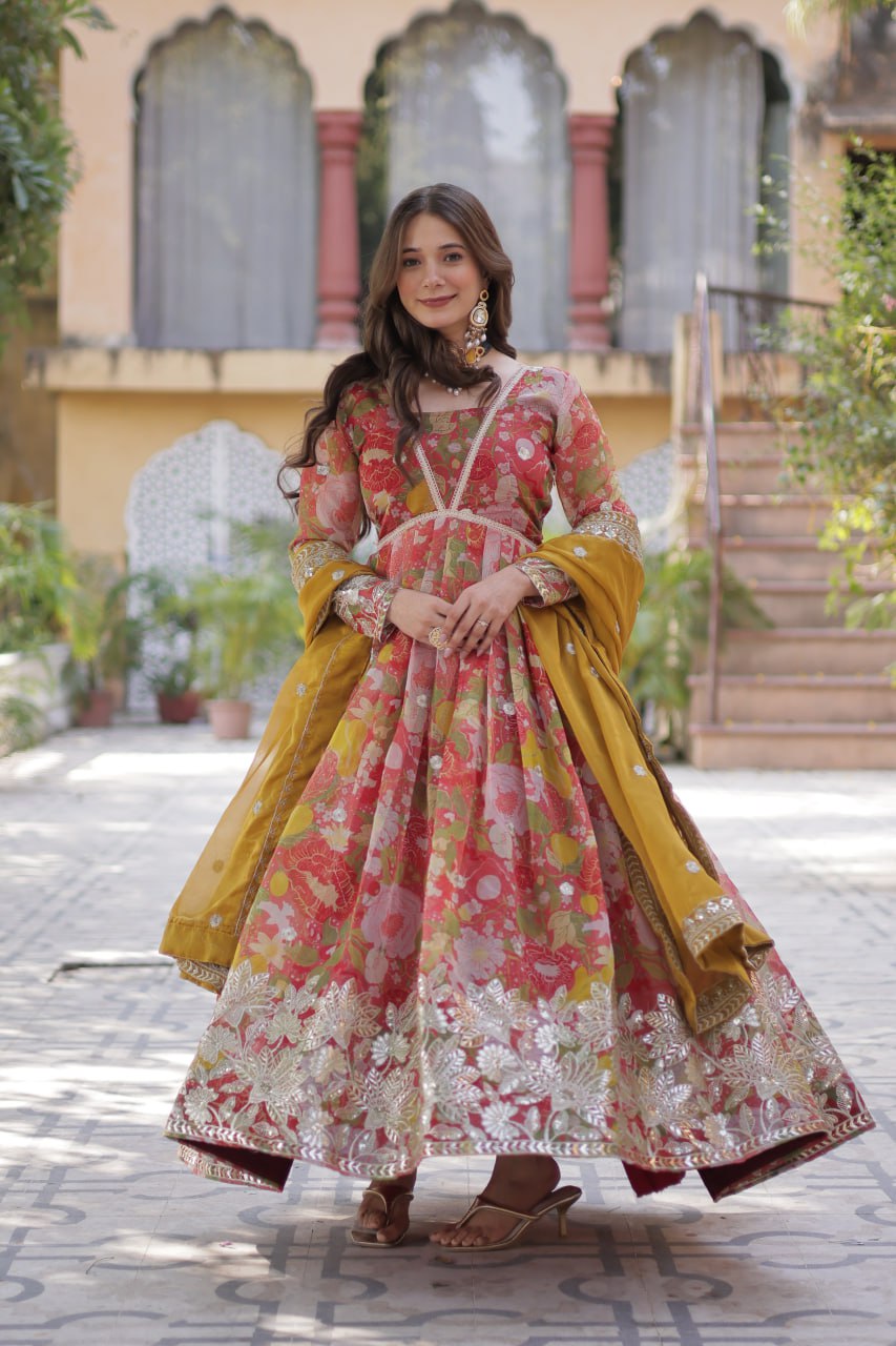 Pink Multicolor Digital Printed Russian Silk With Foil Embroidery Zari Sequins Work Gown