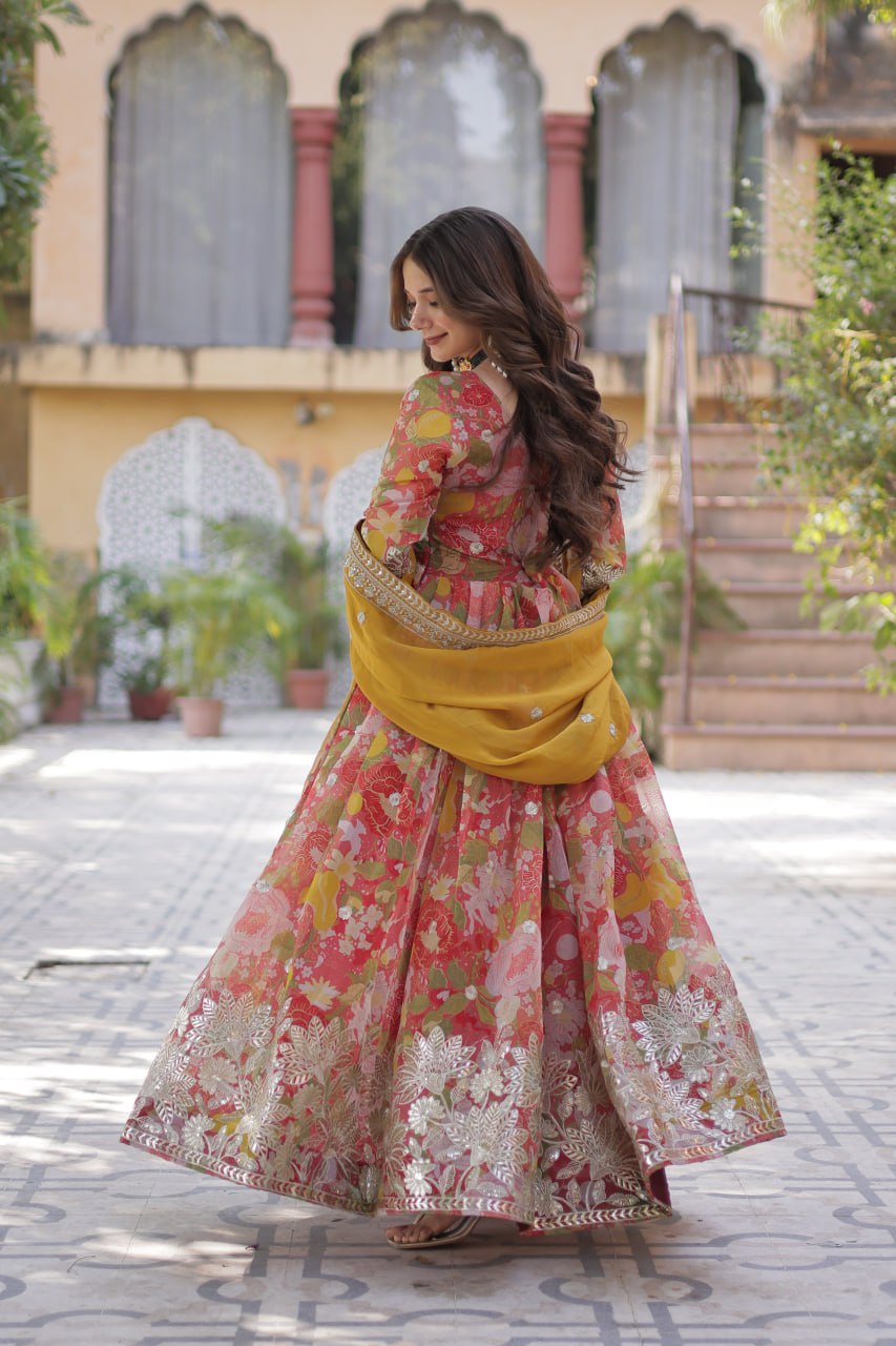 Pink Multicolor Digital Printed Russian Silk With Foil Embroidery Zari Sequins Work Gown