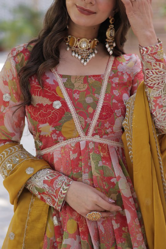 Pink Multicolor Digital Printed Russian Silk With Foil Embroidery Zari Sequins Work Gown
