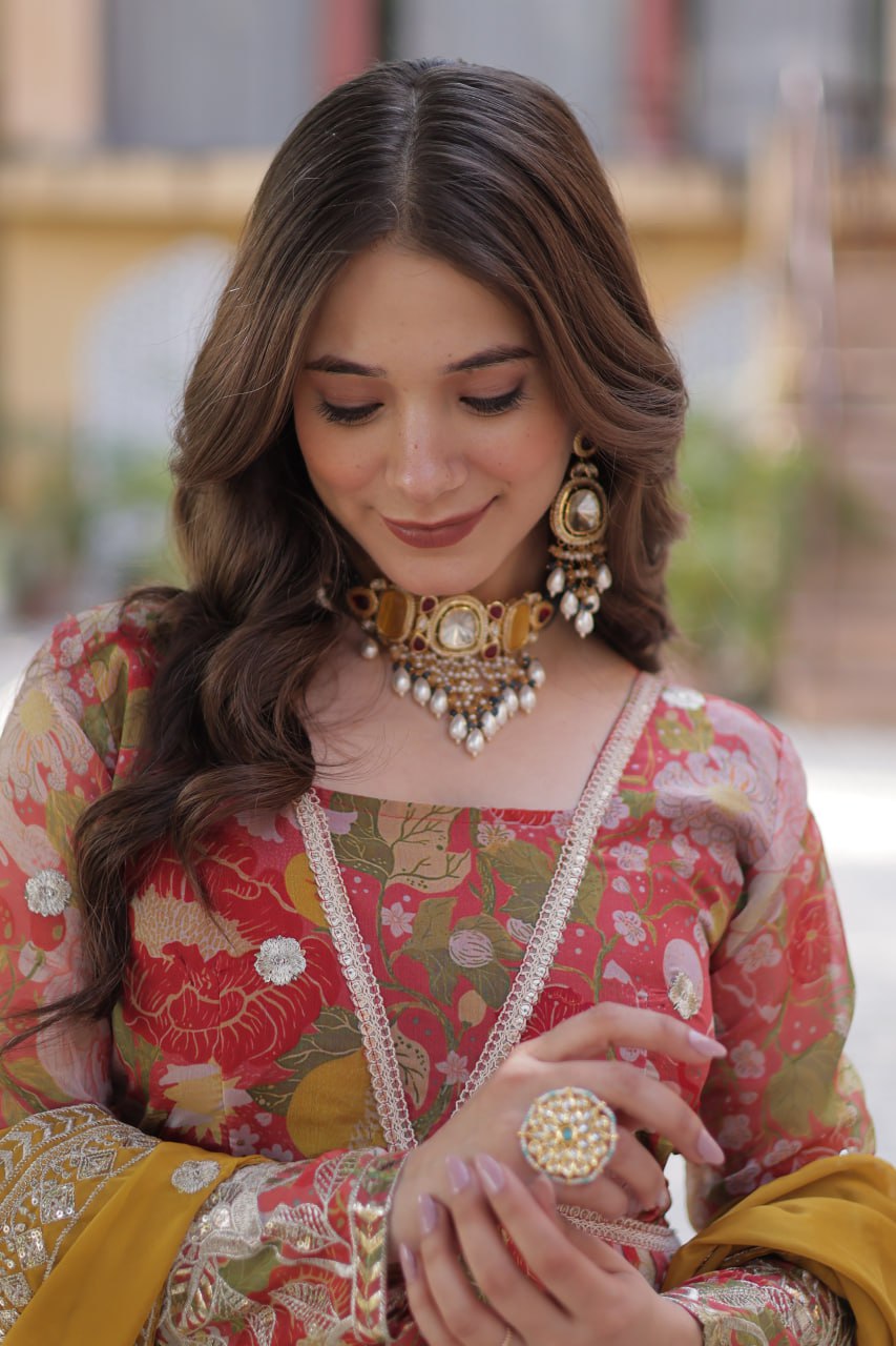 Pink Multicolor Digital Printed Russian Silk With Foil Embroidery Zari Sequins Work Gown