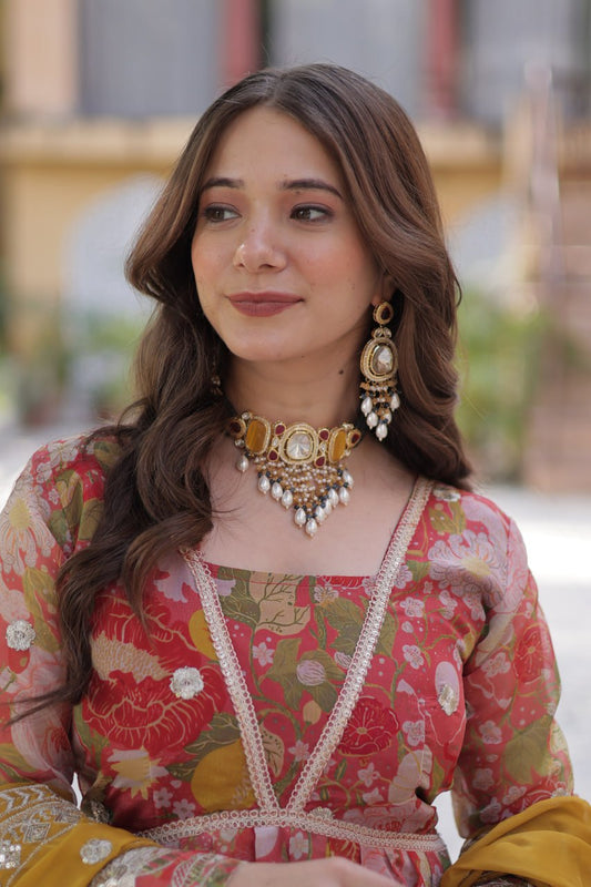 Pink Multicolor Digital Printed Russian Silk With Foil Embroidery Zari Sequins Work Gown