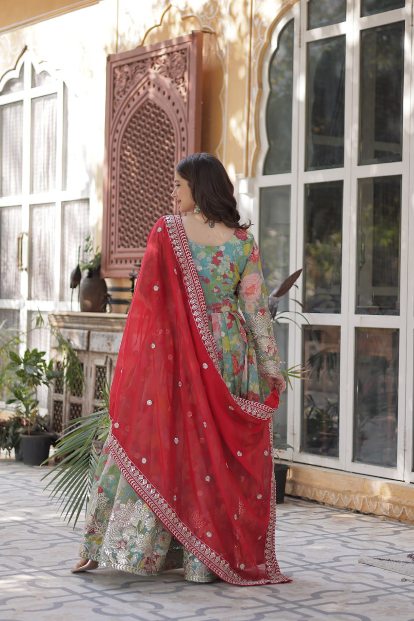 Blue Multicolor Digital Printed Russian Silk With Foil Embroidery Zari Sequins Work Gown