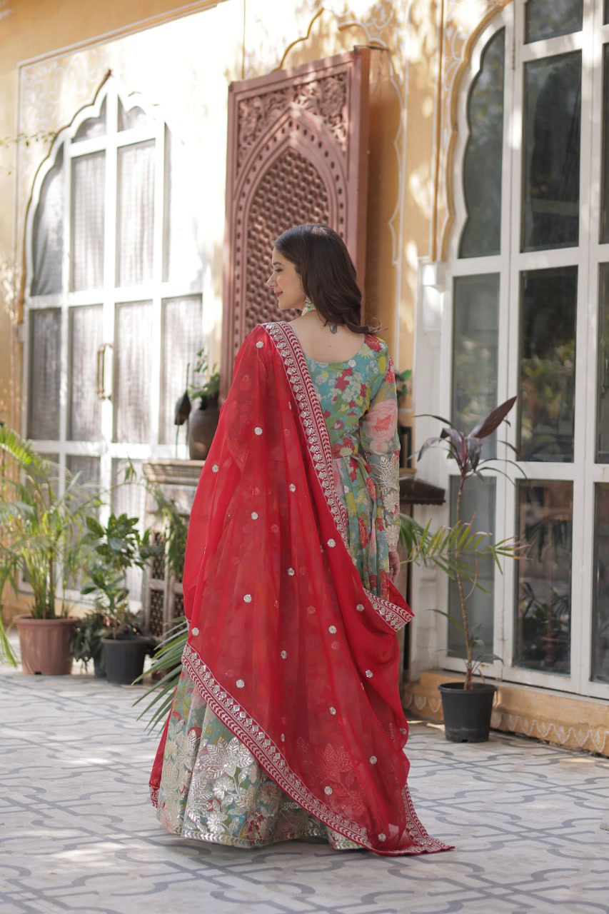 Blue Multicolor Digital Printed Russian Silk With Foil Embroidery Zari Sequins Work Gown