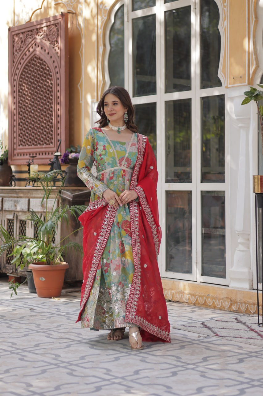Blue Multicolor Digital Printed Russian Silk With Foil Embroidery Zari Sequins Work Gown