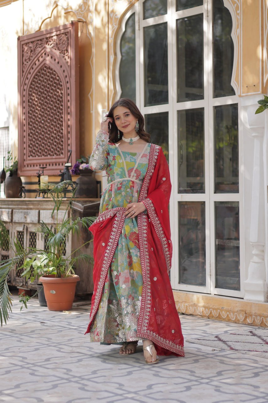 Blue Multicolor Digital Printed Russian Silk With Foil Embroidery Zari Sequins Work Gown