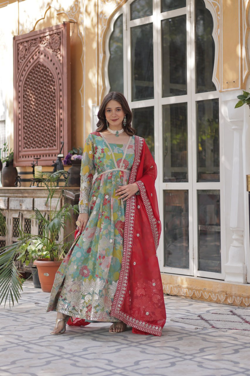 Blue Multicolor Digital Printed Russian Silk With Foil Embroidery Zari Sequins Work Gown
