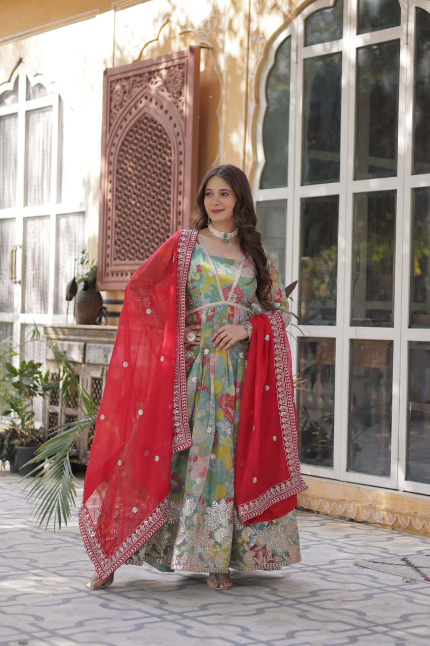 Blue Multicolor Digital Printed Russian Silk With Foil Embroidery Zari Sequins Work Gown