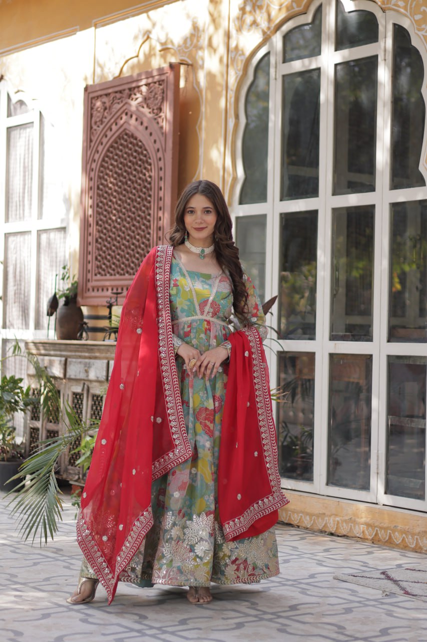 Blue Multicolor Digital Printed Russian Silk With Foil Embroidery Zari Sequins Work Gown