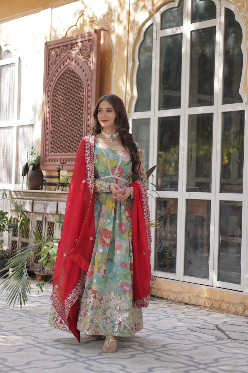 Blue Multicolor Digital Printed Russian Silk With Foil Embroidery Zari Sequins Work Gown