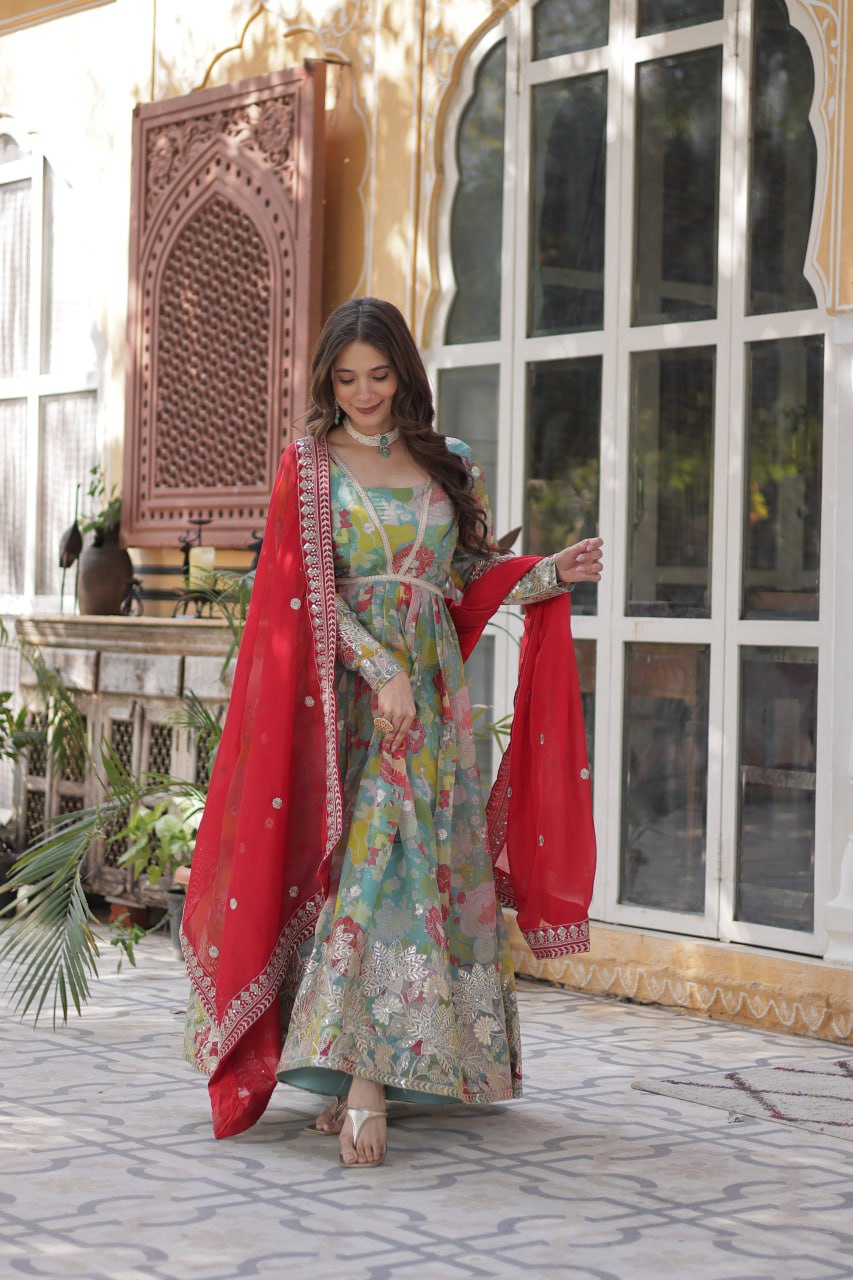 Blue Multicolor Digital Printed Russian Silk With Foil Embroidery Zari Sequins Work Gown