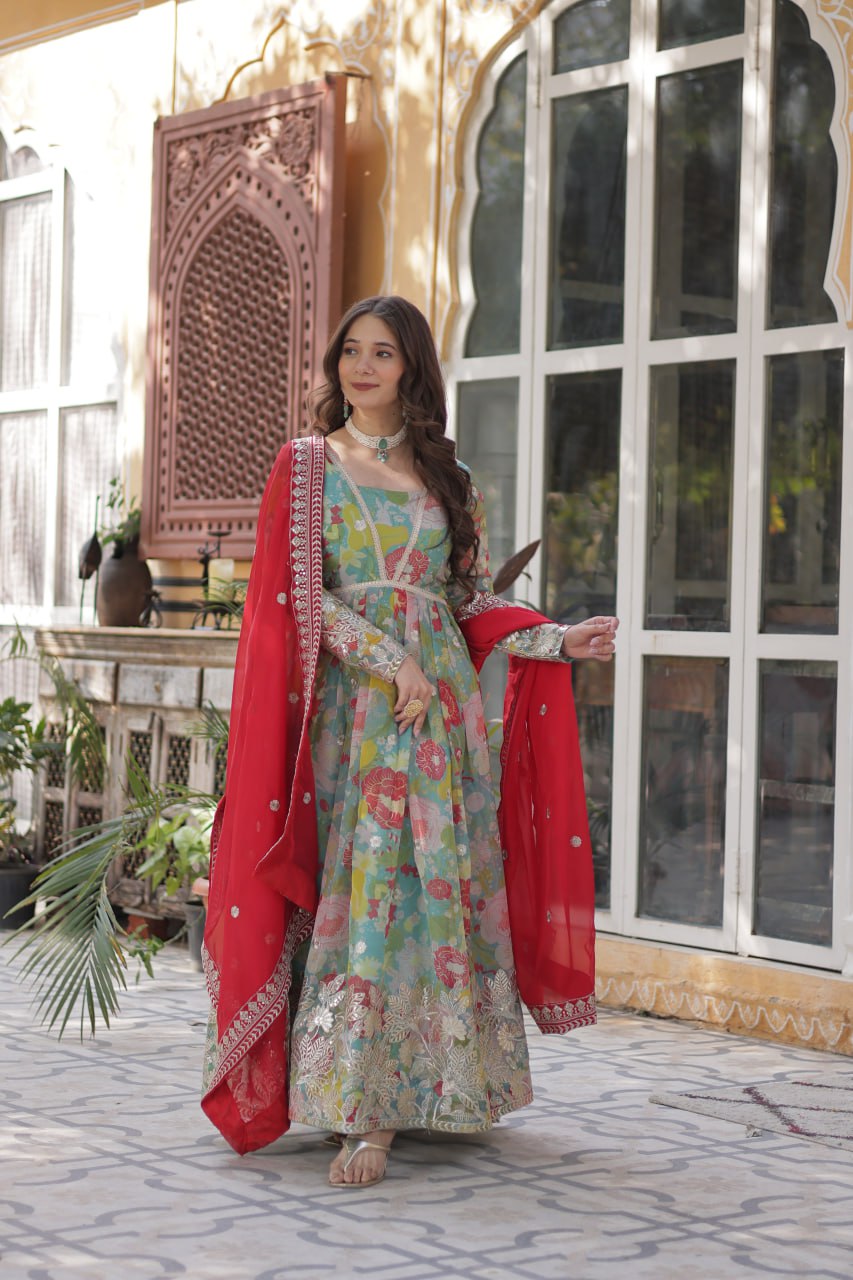 Blue Multicolor Digital Printed Russian Silk With Foil Embroidery Zari Sequins Work Gown