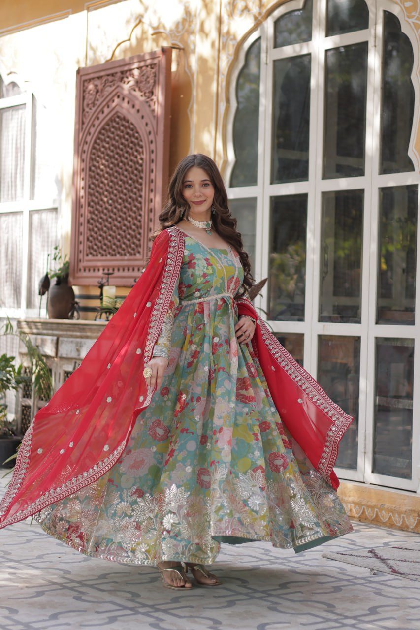 Blue Multicolor Digital Printed Russian Silk With Foil Embroidery Zari Sequins Work Gown