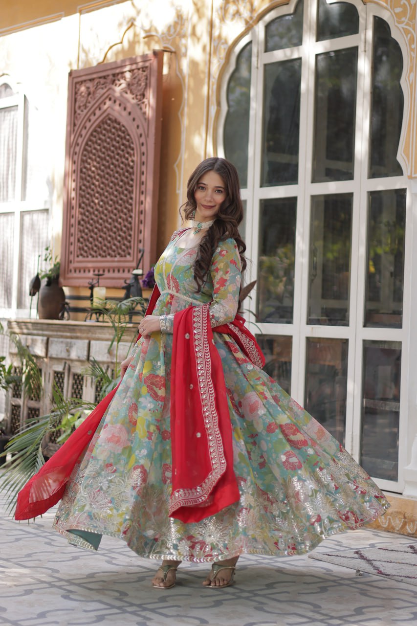Blue Multicolor Digital Printed Russian Silk With Foil Embroidery Zari Sequins Work Gown
