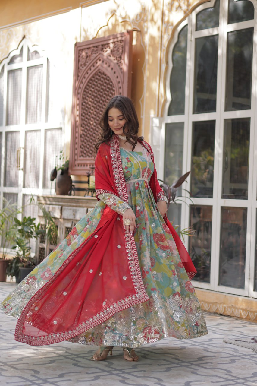 Blue Multicolor Digital Printed Russian Silk With Foil Embroidery Zari Sequins Work Gown