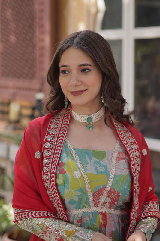 Blue Multicolor Digital Printed Russian Silk With Foil Embroidery Zari Sequins Work Gown