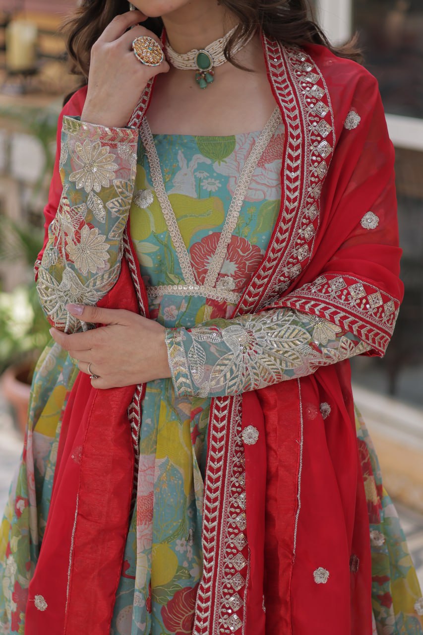 Blue Multicolor Digital Printed Russian Silk With Foil Embroidery Zari Sequins Work Gown