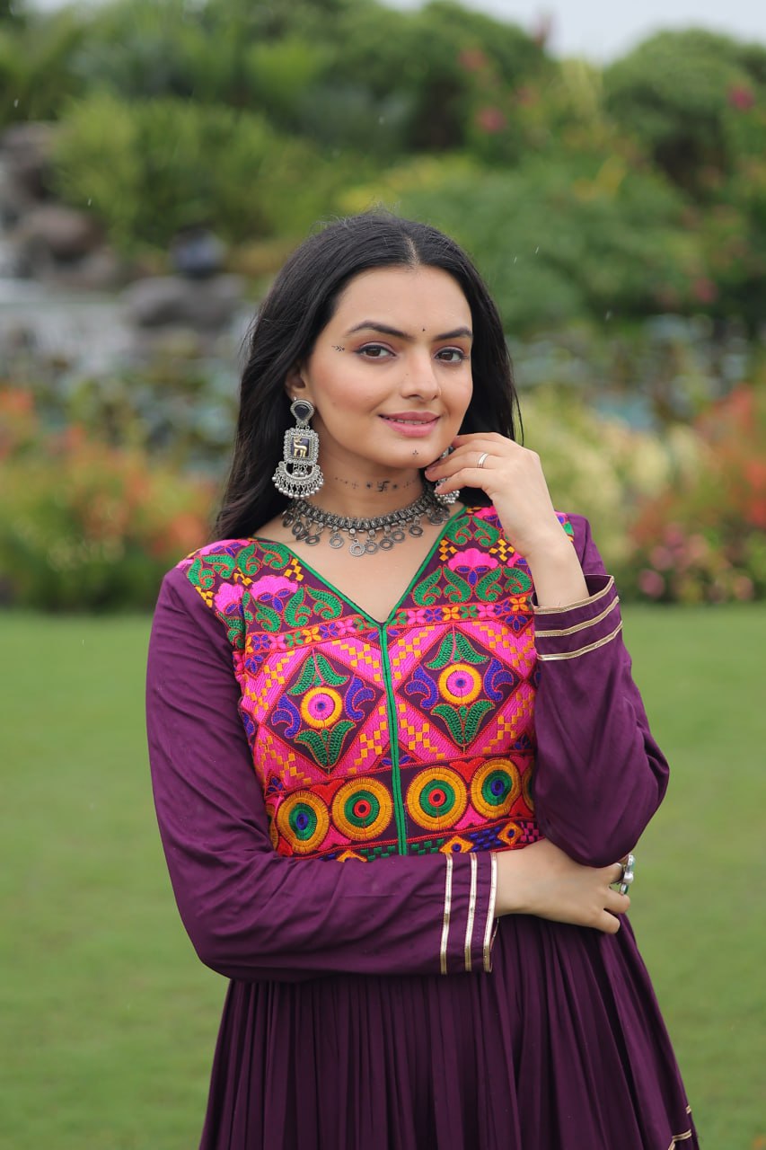 Wine Colored Reyon Attractive Navratri Special Gown